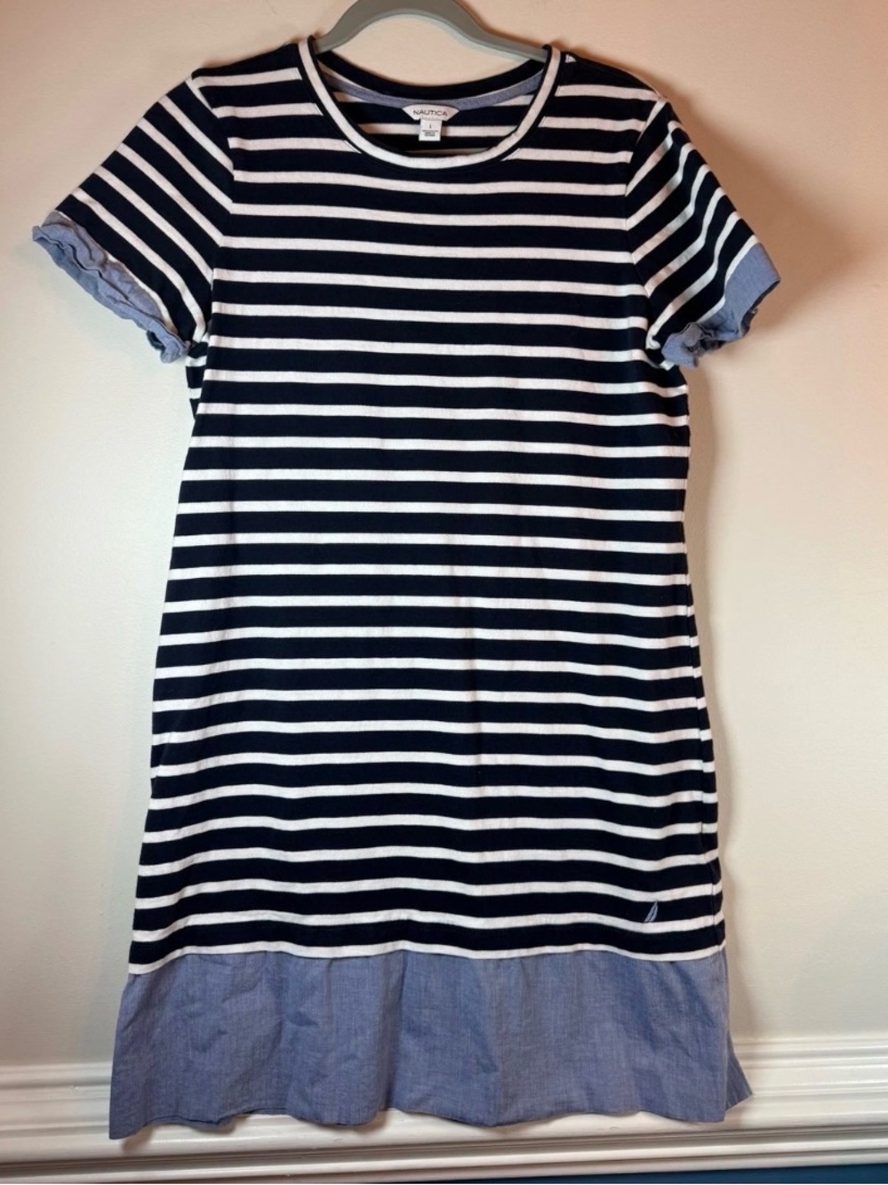 Nautica Navy & White Striped Top with Chambray Trim